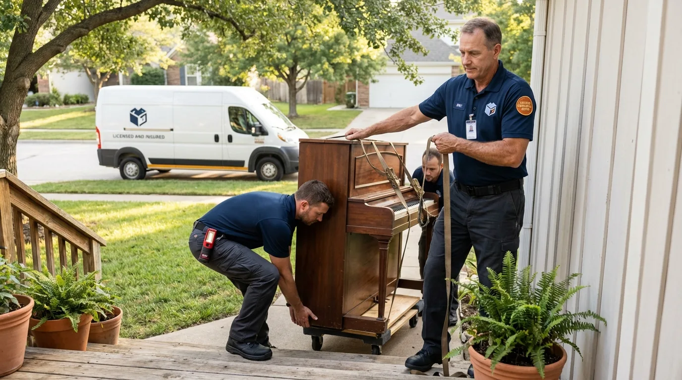 Licensed piano movers securing grand piano in Bison, SD