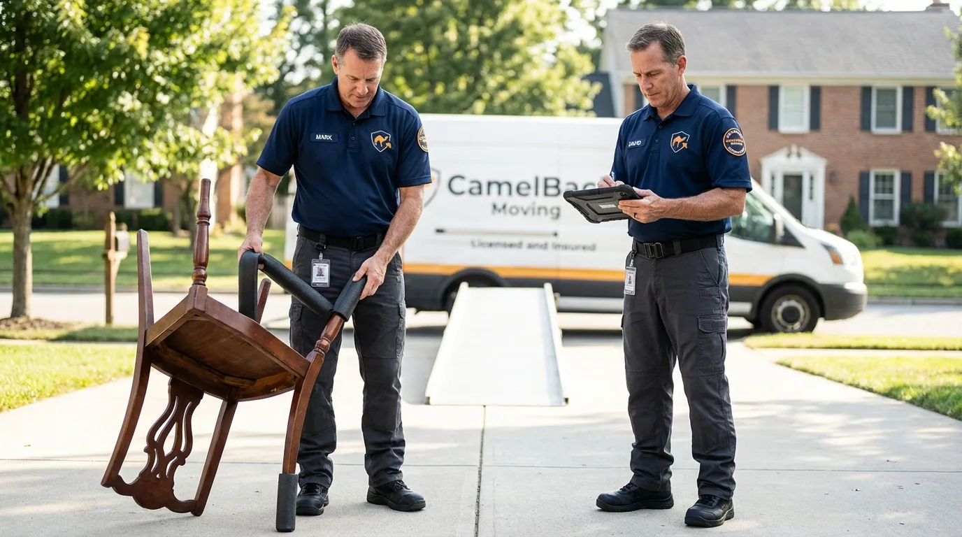 Movers inspecting furniture for damage prevention before loading in Bison, SD