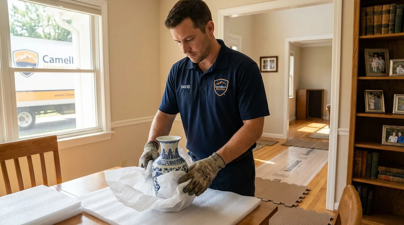 Professional crew carefully wrapping antique vase for senior downsizing move in Bison, SD