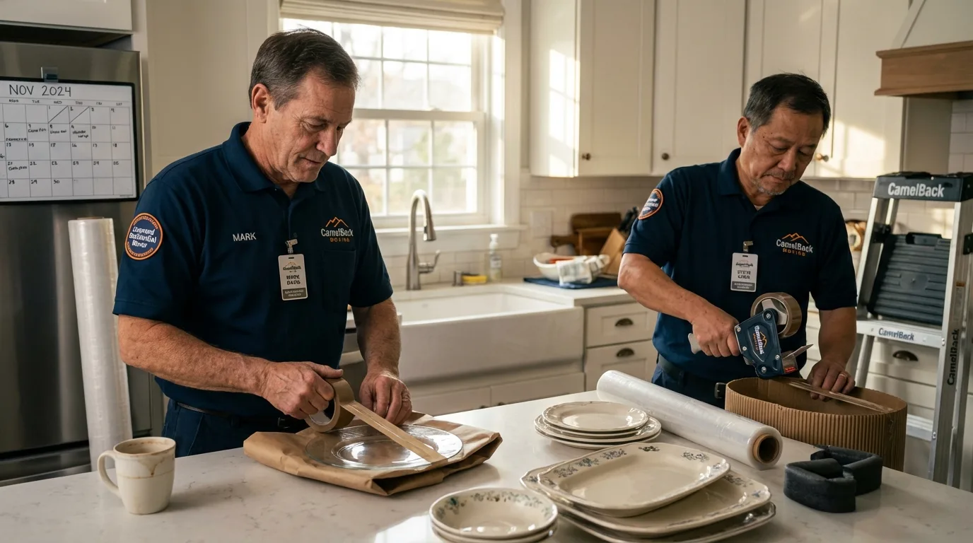 Professional crew packing kitchen dishware in Bison, SD